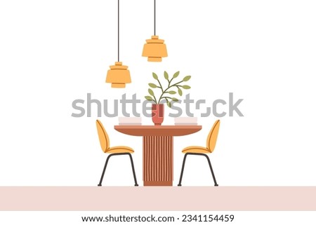 Dining table in kitchen with chairs, plates and wineglasses. Flat cartoon style vector illustration.