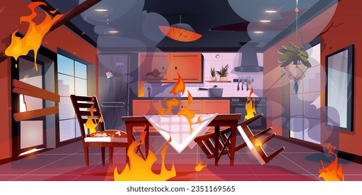 Dining table in kitchen interior in fire disaster with smoke. Broken house cooking room with flame and smoke cartoon vector background. Modern orange cooking appliance burn in danger game scene