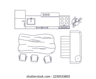 Dining table, kitchen set and sofa in room, top view. Overhead furniture for cooking, eating. Interior design layout, plan. Contoured outlined flat vector illustration isolated on white background