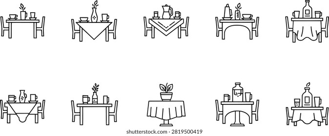 Dining table line art set, minimalist black white icons, tableware decoration, hospitality design, restaurant furniture, modern interior illustration