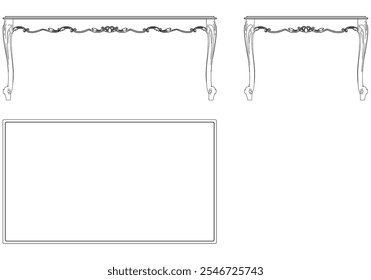 Dining table line art vector design. Ideal for coloring or design projects with front, side, and top views. Vintage retro style