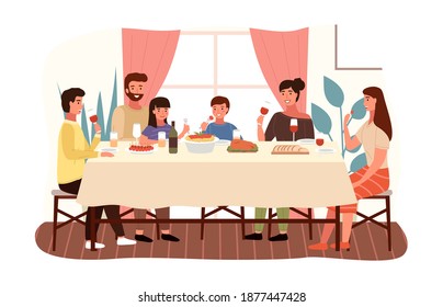 Dining Table With Pasta And Snack. Arrangement Of Furniture. People Eating Italian Food At Home. Parents Drink Wine. Family Sitting At Festive Table And Having Dinner. People Celebrate The Holiday