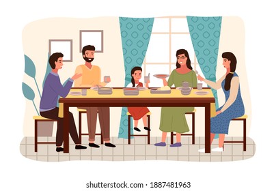 Dining table with pita and tomato soup. Arrangement of furniture. People in national costumes are eating traditional indian food together. Family sitting at festive table and celebrating the holiday