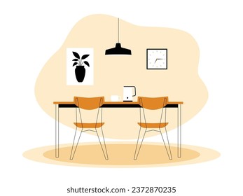 Dining table for placing teapot and cups, hanging lamp chair, painting and wall clock, interior and furniture vector illustration.