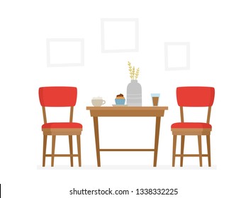 Dining table and red chairs for two people. Cup and glass of coffee and muffin for home or cafe interior isolated on white background. Vector illustration in flat style isolated on white background