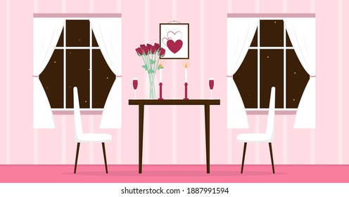 Dining table in a restaurant serving for a couple with red roses and candles, and chairs. Flat style vector illustration. Celebrating Valentine's day concept