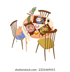 Dining table served, set for breakfast, morning meal. Food and drinks, beverages, cute cat on chair at home. Fried eggs, coffee cups. Flat graphic vector illustration isolated on white background