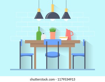 Dining table with serving and chairs, lamps in a modern style, on the background of tiles. Flat vector illustration