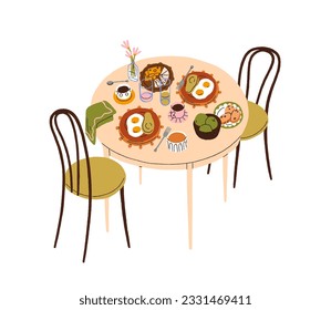 Dining table set for breakfast, served with healthy food, dish, morning meal, drink. Fried eggs and avocado on plate, tea, juice, coffee for two. Flat vector illustration isolated on white background