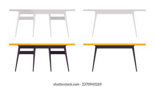 Dining table set, desk for living room, restaurant, hotel. Study, cafeteria item, work furnishing, dining space. Vector flat style cartoon home, office furniture objects isolated on white background