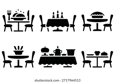 Dining table settings with food and candles chairs
