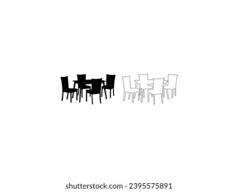 Dining Table Silhouette and Outline Icon isolated on white background. Vector Illustration