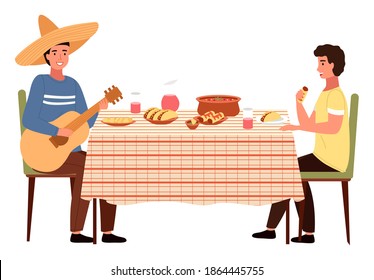 Dining Table With Tacos And Burritos. Man In A Sombrero Is Playing The Guitar. Guys Are Eating Mexican Food. People In National Costumes Have Dinner Together. Relatives Isolated On White Background