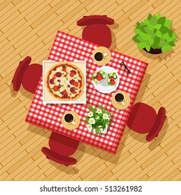 Dining table top view. Stylish graphic set with table, chairs, cups, dishes and flowers. Beautiful kitchen table. Vector illustration.