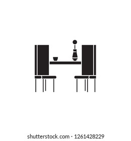 Dining table with two chairs black vector concept icon. Dining table with two chairs flat illustration, sign