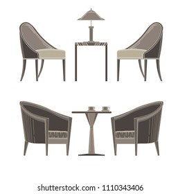 Dining table two restaurant and chairs round. Flat style vector illustration icon 