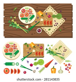 Dining table with vegetables top view. Diet. Vegetarian food. Cooking in kitchen, vegan salad in process. Vector flat illustration