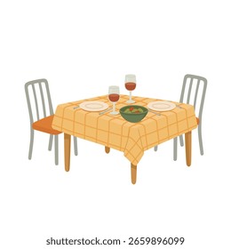 Mesa de comedor con copas de vino, ensalada y sillas