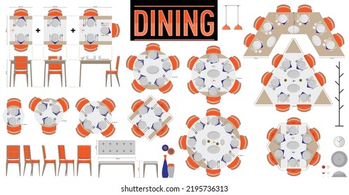 Dining Tables in Different Shapes and Sizes in Scale. Plan and Elevation Drawings For Interior Architectural Projects. 