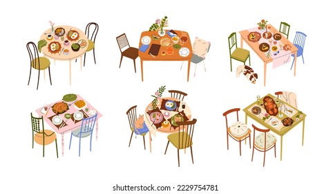 Dining tables served with food and drinks, empty chairs. Meals for breakfast, lunch, festive holiday dinner set. Home-made eating on plates. Flat vector illustration isolated on white background