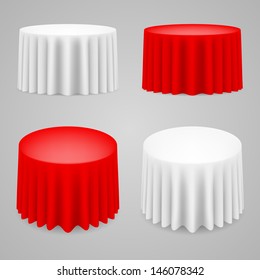 Dining tables set with tablecloth. Illustration on white