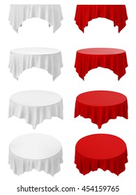 Dining tables set with tablecloth. Illustration on white