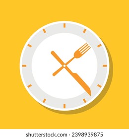 Dining Time Concept with Plate and Cutlery Clock Illustration, Fork and Knife Representing Mealtime on Clock Face