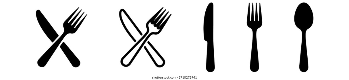 Un conjunto de iconos de utensilios de comedor con variados arreglos de tenedor, cuchillo y cuchara. Ideal para comida o imágenes de hospitalidad.