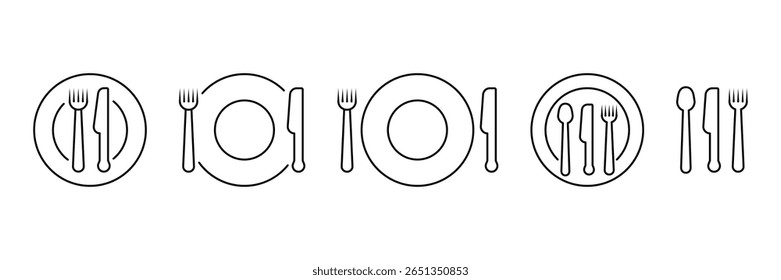 Dining utensils and plate arrangement icon set of cutlery fork knife spoon tableware vector illustration for restaurant kitchen food service decoration.