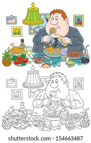 Dining well-fed man at a table with delicious food