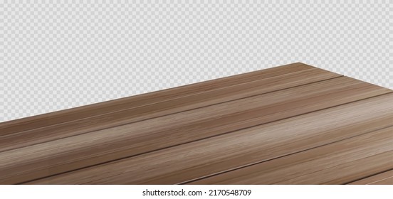 Dining wooden table top, corner perspective realistic vector illustration. Kitchen countertop from wood, angle view isolated on transparent background