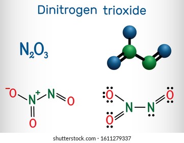 Dinitrogen trioxide , N2O3 molecule. Structural chemical formula and molecule model. Vector illustration