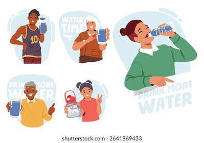 Dink more water promotion inspirational cartoon set with thirsty people characters boosting immunity with aqua, preventing health problem, maintaining hydrobalance, stay active vector illustration