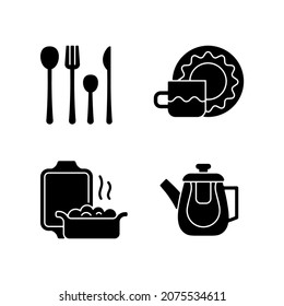 Dinner accessories black glyph icons set on white space. Tempered double glass teapot for hot liquids. Ceramic oven dish. up and saucer set. Silhouette symbols. Vector isolated illustration