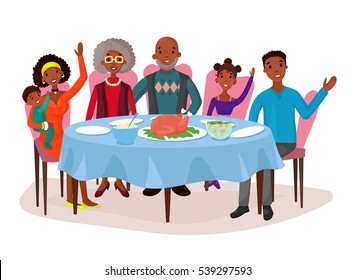 Dinner with afro american happy family. Table with chicken or turkey, salad and plates. Father and mother, children or kids, relatives grandmother and grandfather. Childhood celebration, holiday theme