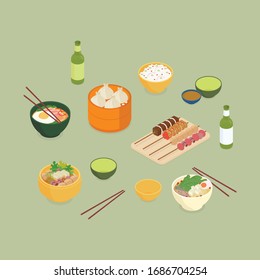 Dinner in an asian restaurant set. Isometric vector illustration in flat design.