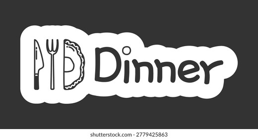 Dinner black and white line drawing sticker. Evening meal. Fork knife with plate. Dinnertime. Doodle outline illustration isolated. Minimal planner icon label design. Monochrome printable clipart