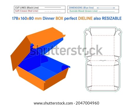 Dinner box dieline or 178 x 160 x 80 mm size die-cut template Self Asembly Eco-friendly, No Glue Needed box, Fast Food Burger Box