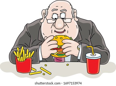 Dinner Break, A Chubby Man In A Business Suit And Glasses At Table With A Big Appetizing Hamburger, French Fries And Juice At Working Lunch In A Coffee House, Vector Cartoon Illustration