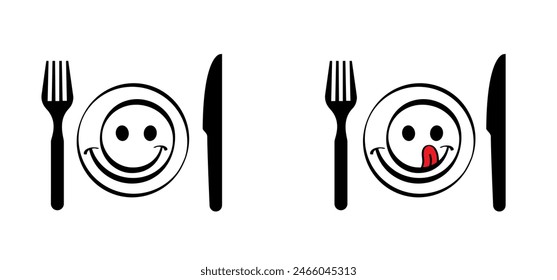 Dinner break, time withe happy smile face. Plate, fork, knife icon. Food symbol for bar, cafe, hotel concept. Ready to eat. Eating logo sign for dinner, breakfast, lunch meal menu service