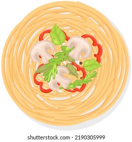 Dinner or breakfast, homemade Italian spaghetti. Dish cooked for clients of restaurant or cafe. Delicious dish vermicelli with mushrooms and vegetables. Pasta or macaroni, Italian national cuisine
