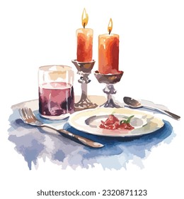 Dinner with candle light and wine in watercolor illustration