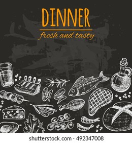 Dinner card and elements kitchen  Fresh   tasty  Hand drawn vector illustration the chalkboard  Can be used for menu  cafe  restaurant  bar  sticker  placard   other design 