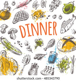 Dinner card with elements of kitchen on the watercolor splashes. Hand drawn vector illustration. Can be used for menu, cafe, restaurant, bar, poster, banner, emblem, sticker, placard and other design.
