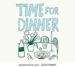 Dinner club artwork for apparel, sticker, batch, background, poster and others. Dining table. Flower pot vector design.