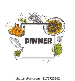 Dinner concept design. Round circle composition. Hand drawn vector illustration. Can be used for menu, cafe, restaurant, poster, banner, logo, emblem, sticker, placard and other design.