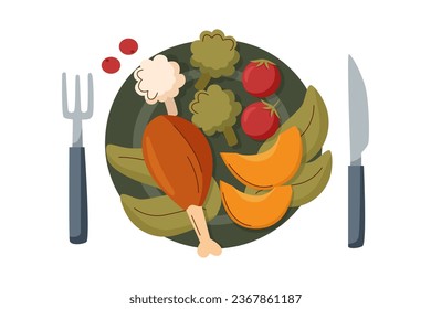 Dinner concept. Thanksgiving concept. Plate with food - roasted meat and vegetables.