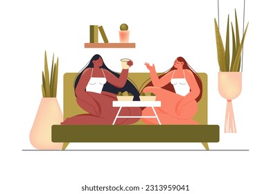 Dinner concept with woman scene in the flat cartoon style. Two friends are having lunch together and talking. Vector illustration.