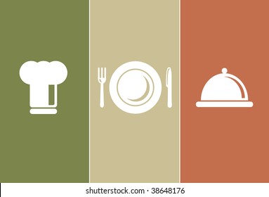 Dinner & Cooking Icons: chefs hat, plate, fork, knife and casserole