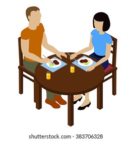 Dinner of the couple of two young people. Man and woman eats dinner. Isometric cafe element. Isometric table.isometric people